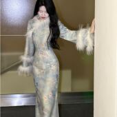 画报夫人原创自制温柔高级秋冬真毛旗袍连衣裙 蓝木桥 秋冬款 厚款