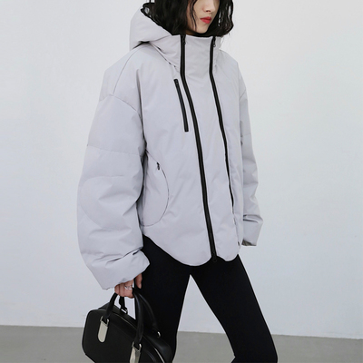 双拉链不规则下摆连帽羽绒服