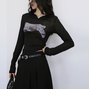 2025新款春秋上衣修身连帽黑色短款薄款打底衫女长袖t恤针织衫