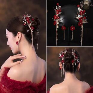 新娘头饰红色花朵发夹敬酒服秀禾发饰结婚造型订婚高级感对夹