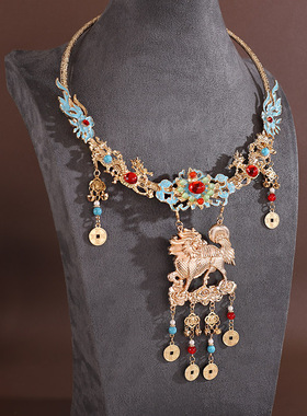 新中式国风麒麟烧蓝璎珞项链项圈