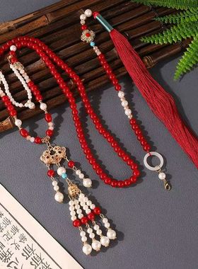 古风国潮正红长璎珞汉服项链长款流苏背云复古珍珠颈饰汉服配饰女