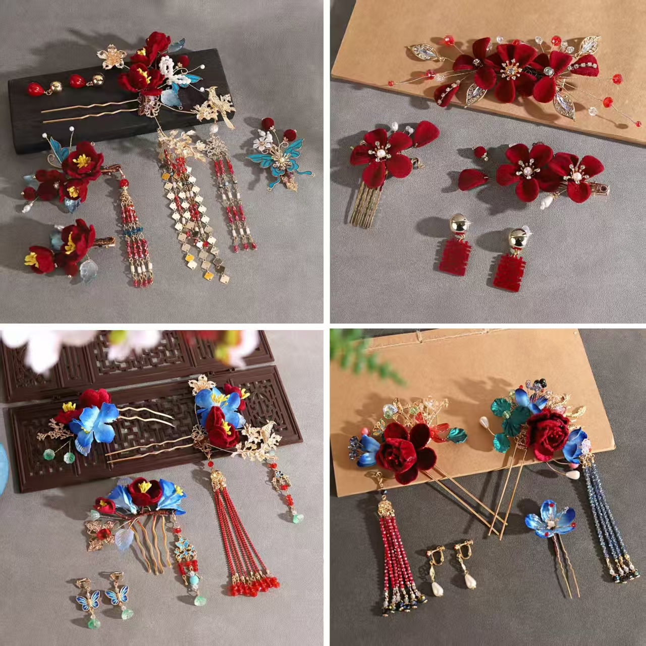 中式新娘红色绒花发簪秀禾头饰