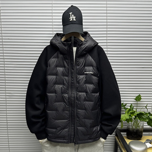 大码 装 刺绣90白鸭绒休闲羽绒外套潮 冬季 格子拼接连帽羽绒衣服男士