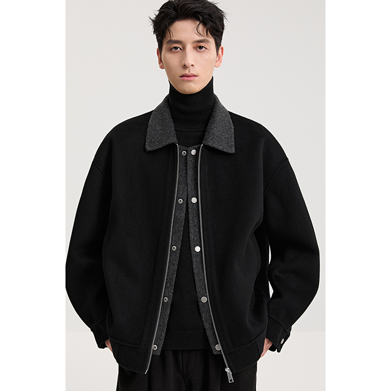 100%全羊毛翻领双面呢夹克男士25秋季新款撞色休闲呢子外套
