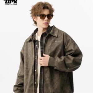 DPX秋季美拉德扎染毛呢复古翻领工装夹克男国潮宽松休闲外套上衣