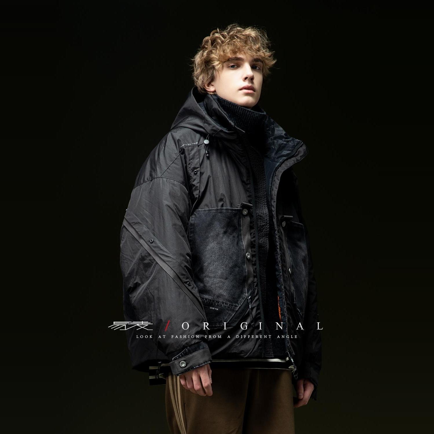 易麦短款羽绒服男冬季美式潮牌牛仔拼接宽松保暖高街加厚百搭外套