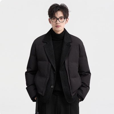 25冬季假两件拼接设计羽绒服男潮流翻领条纹加厚保暖外套