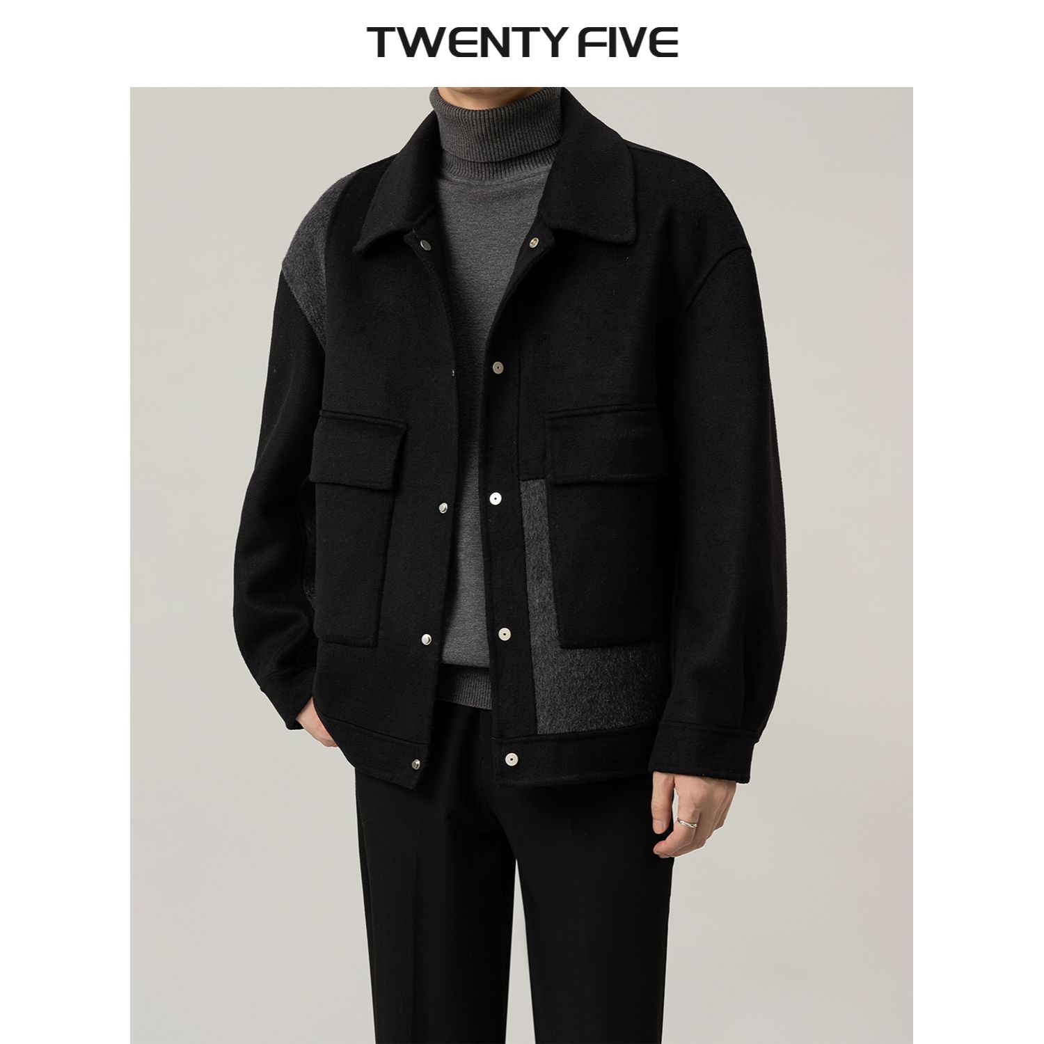 潮流撞色拼接双面羊毛外套男2025秋冬季时尚新款休闲翻领毛呢夹克