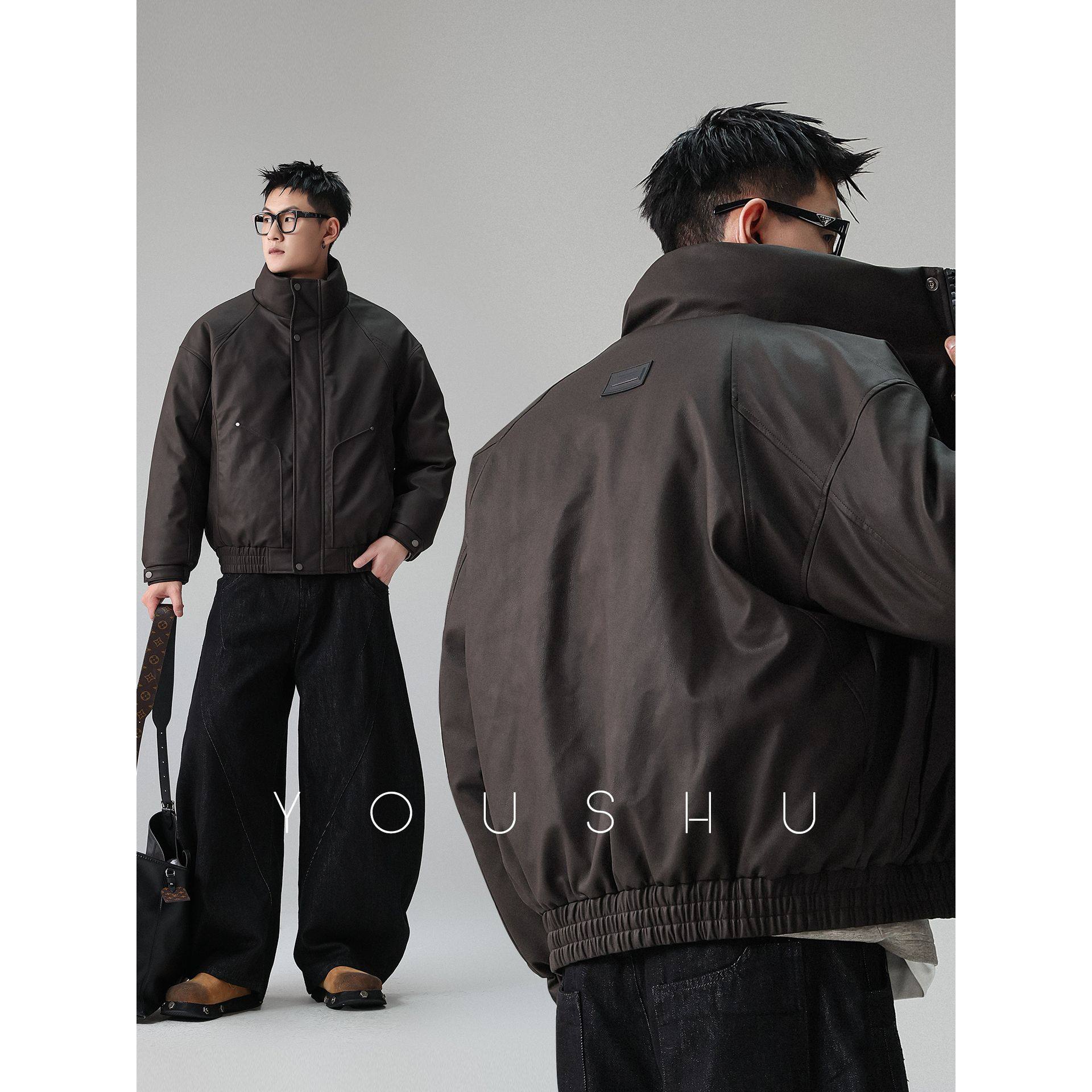 白鸭绒复古肌理感立领PU皮衣羽绒服男冬季2025新款潮牌外套