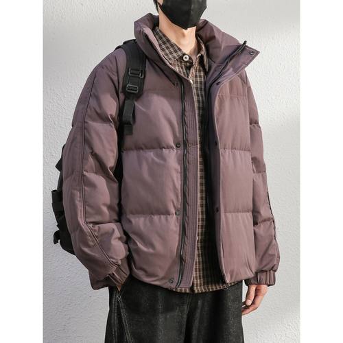 高充90白鸭绒蓬松感紫色羽绒服男士短款冬季保暖加绒立领外套男装