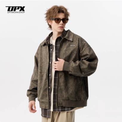 DPX春秋美拉德扎染毛呢复古翻领工装夹克男国潮宽松休闲外套上衣