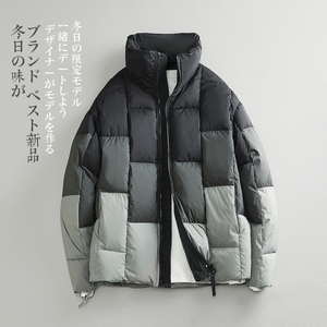 元古 复古色块撞色拼接立领羽绒服 冬季高充绒潮牌羽绒外套夹克男