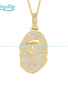 BAPE项链猿人头镶钻吊坠满钻嘻哈街头吊坠美国镶锆石说唱首饰小号