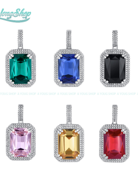 King Ice方形彩色宝石项链镶钻嘻哈配饰吊坠刘聪同款美国街头潮品