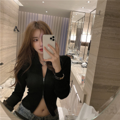 Real price spring retro Hong Kong style solid color slim and versatile long sleeve T-shirt sexy cardigan coat women's top