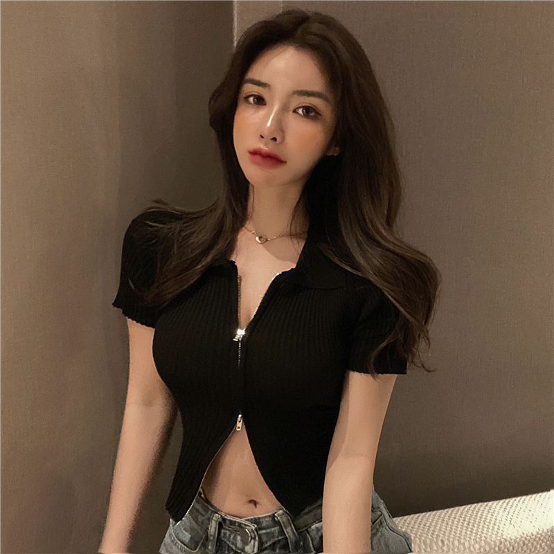 Real price small sexy slim solid color versatile Lapel short sleeve knitted cardigan short T-shirt women's top