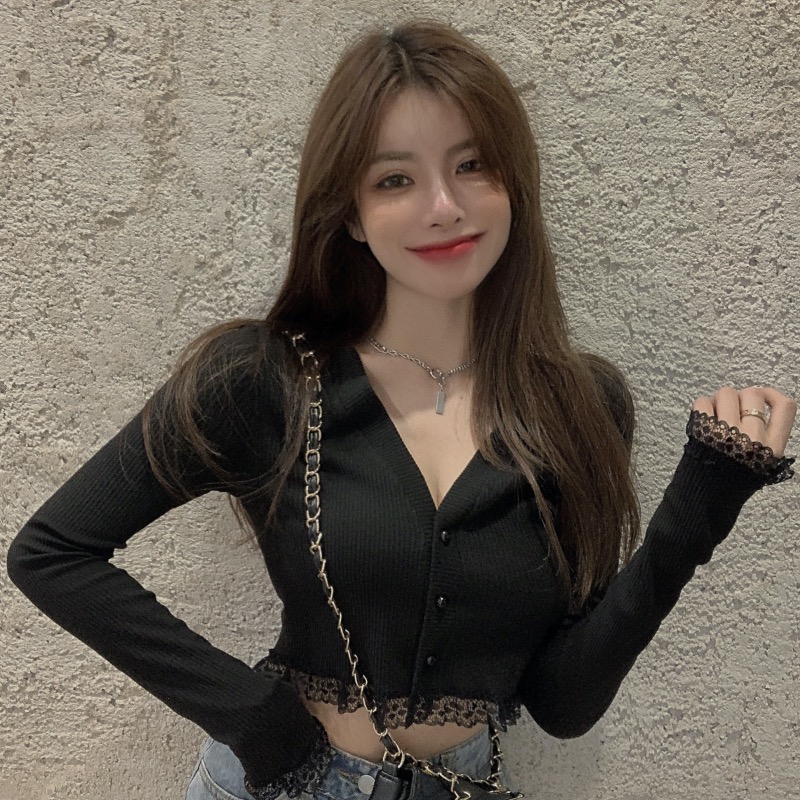 Real shooting and real price spring new style temperament small sexy lace slim V-Neck long sleeve T-shirt women's versatile top