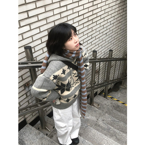 复古提花连帽针织外套女秋冬新款慵懒风宽松厚实保暖毛衣开衫