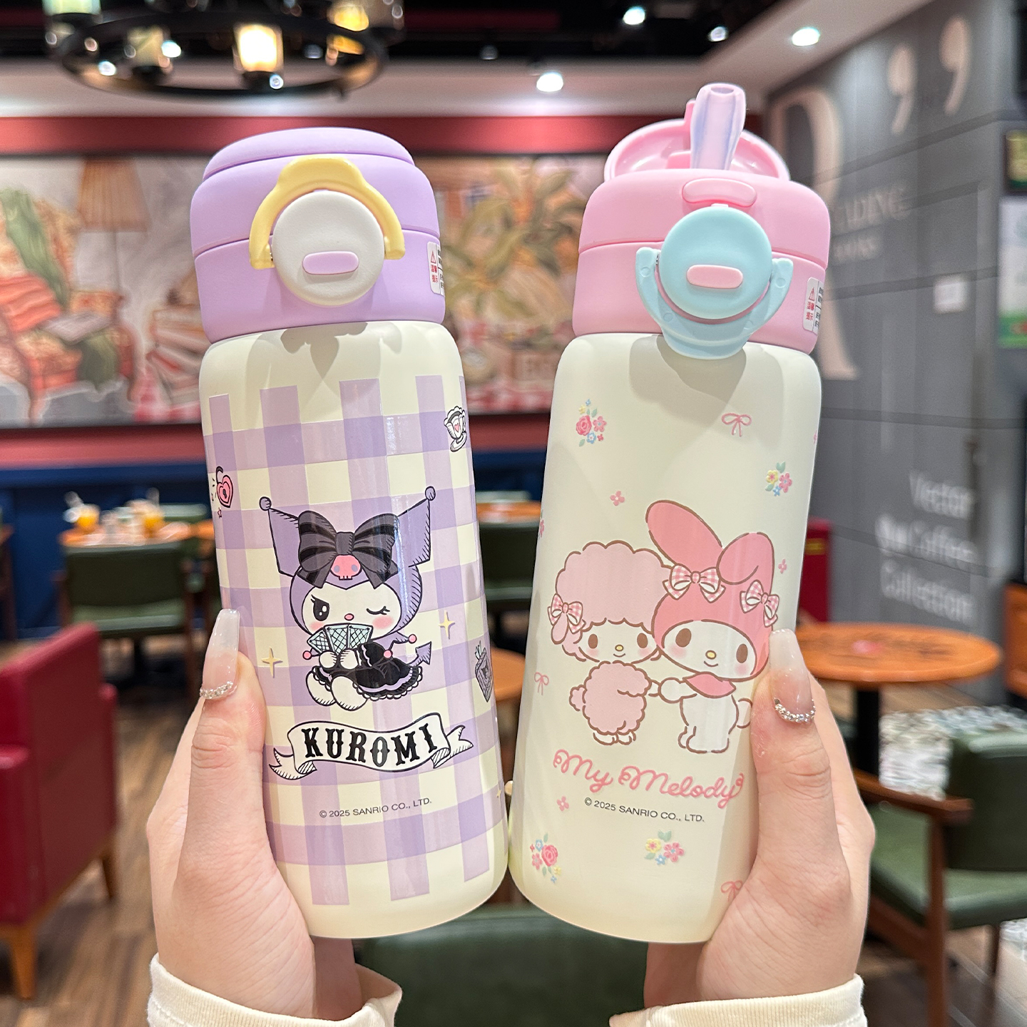 库洛米保温杯儿童水杯学生上学专用双饮吸管水杯女新款2025高颜值