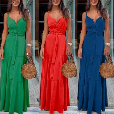 Tropical Print Halter Backless Maxi Dress夏季纽扣V领长连衣裙