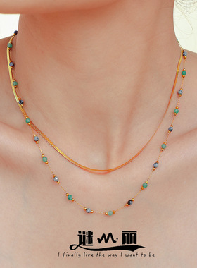 谜丽 青金天然石手工串珠锁骨项链双层叠戴钛钢PVD镀真金首饰现货