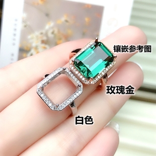 镶钻长方形纯银戒指空托女款 925银托镀18K白金玫瑰金钻戒diy 韩版