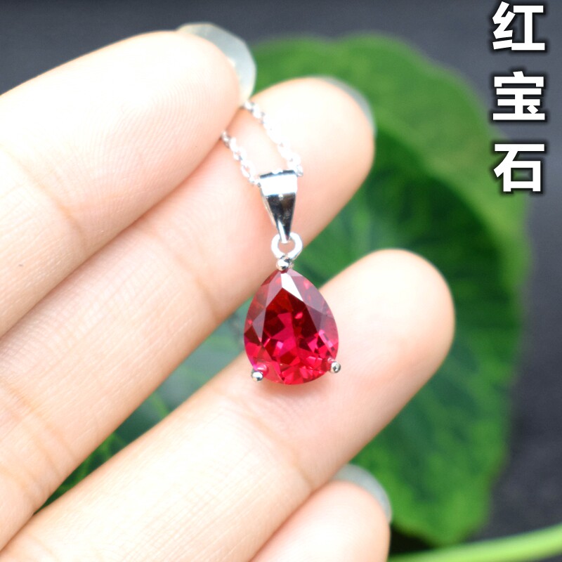 5A级红宝石吊坠女款水滴形鸽血红纯银项坠镀18K白金项链坠子diy