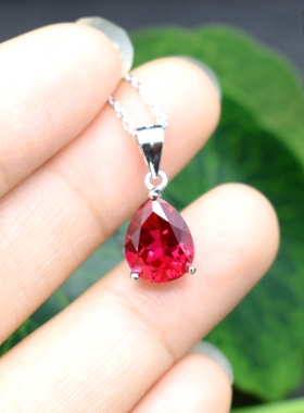 5A级红宝石吊坠女款水滴形鸽血红纯银项坠镀18K白金项链坠子diy