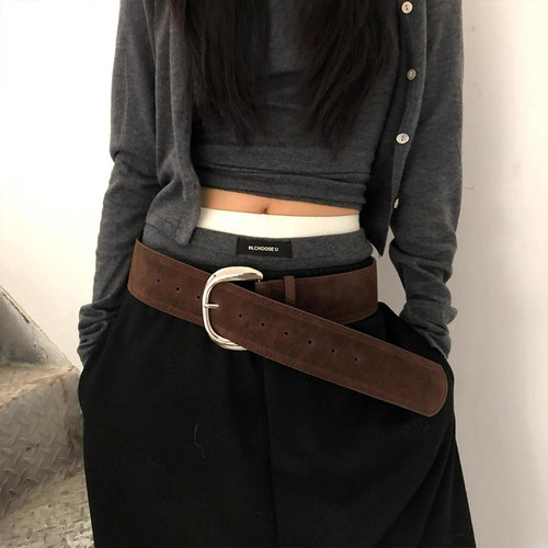 MUSTKOO/玛诗杜小众复古辣妹麂皮磨砂宽边腰带银扣腰封叠戴8120