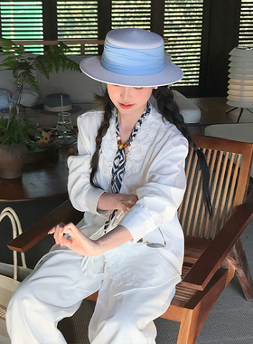 玛诗杜蓝色绑带草帽夏天帽子米色草帽蓝色亚麻织带法式温柔7798