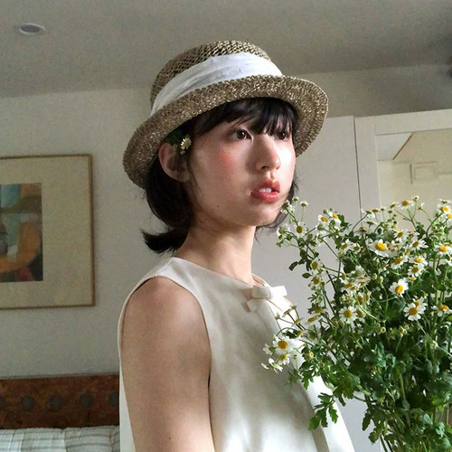 玛诗杜复古风咸草草编帽子夏天法式遮阳帽镂空日系平顶礼帽7776