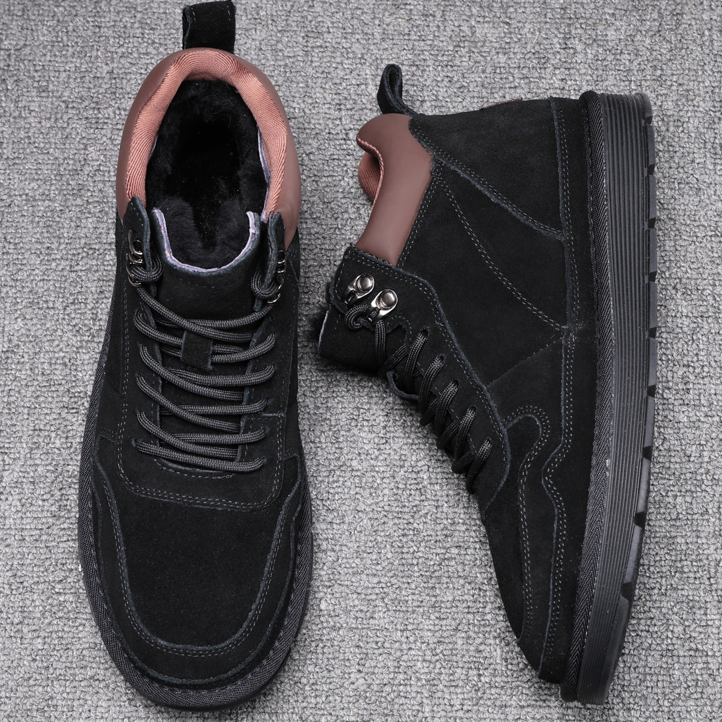 冬季男士新款大码加绒保暖雪地靴黑色45加厚保暖男鞋46东北大棉鞋