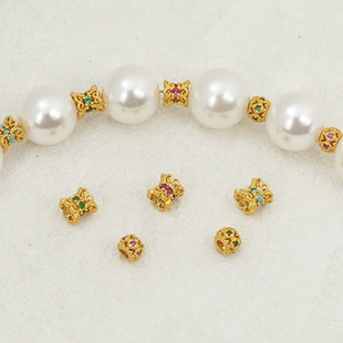 18K包金哑金古法金镶锆石花式 镂空隔珠桶珠diy手链项链首饰品配件