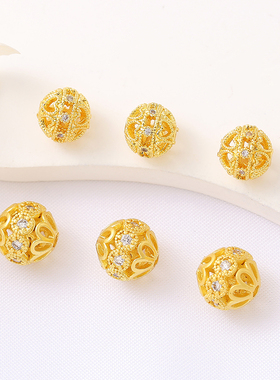 铜镀14K包金微镶镂空隔珠手工diy手链项链金色锆石球转运珠配件