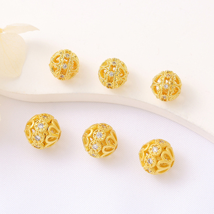 铜镀14K包金微镶镂空隔珠手工diy手链项链金色锆石球转运珠配件