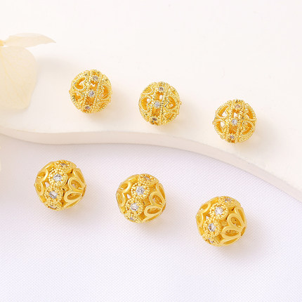 铜镀14K包金微镶镂空隔珠手工diy手链项链金色锆石球转运珠配件