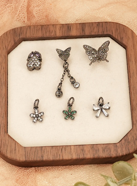 保色铜镀枪黑色镶锆石玉兔蝴蝶蝴蝶结吊坠链接diy首饰挂件材料