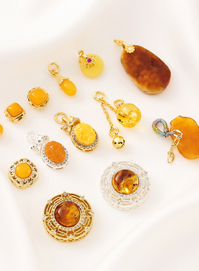 天然蜜蜡花珀大圆四面如意皇冠提溜隔珠吊坠diy手链项链饰品配件