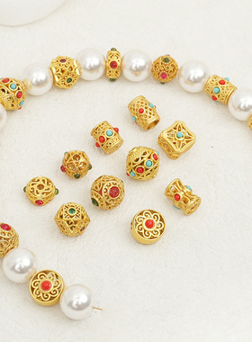 18K哑金保色镶嵌珠大孔车轮隔珠绿红色diy串手链项链饰品材料配件