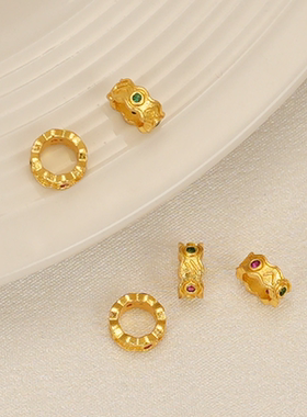 18k真金保色铜镀镶绿红锆石隔珠手工diy手链跑环车轮珠手串材料