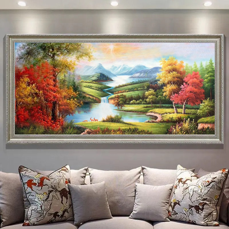 纯手绘油画欧式靠山画玄关沙发横版挂画客厅装饰画山水风景聚宝盆