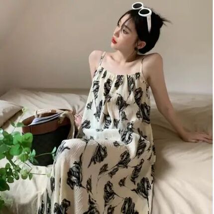 Ink Print Spaghetti Strap Dress for Women, 2025 Summer Seaside Vacation Style Long Dress, Sexy and Ethereal Dress