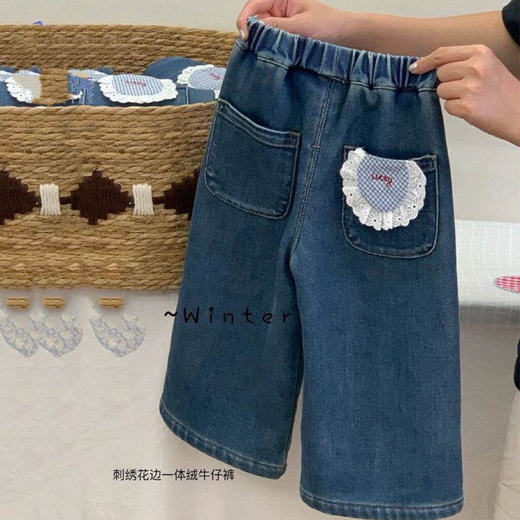 女童冬季牛仔裤一体绒直筒裤儿童加厚长裤中小童秋冬款保暖裤子潮