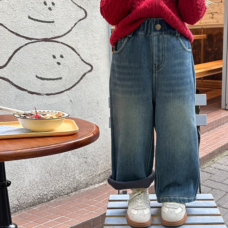 女童裤子2025秋冬季新款宝宝加绒牛仔裤儿童洋气休闲百搭阔腿裤潮