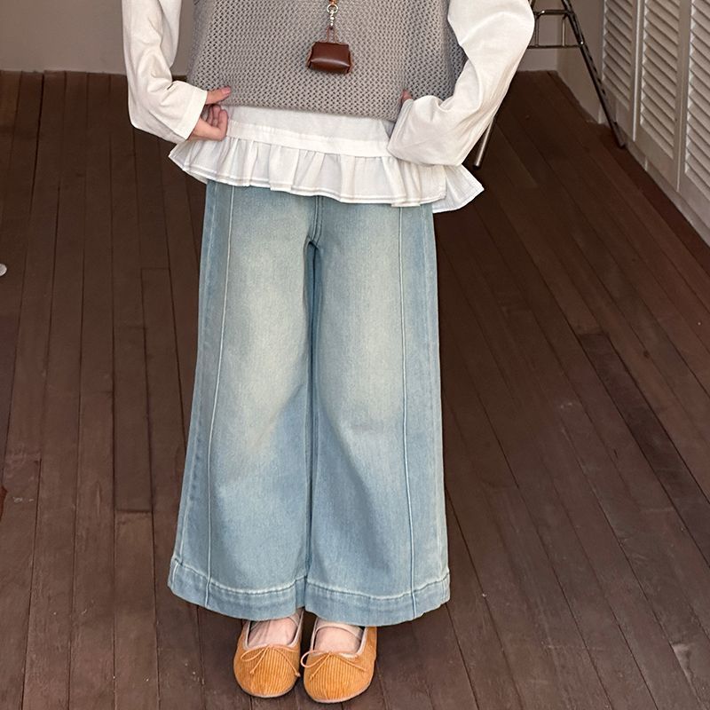 女童直筒牛仔裤子2026春休闲长裤中小童装宽松单阔腿裤显瘦窄窄裤