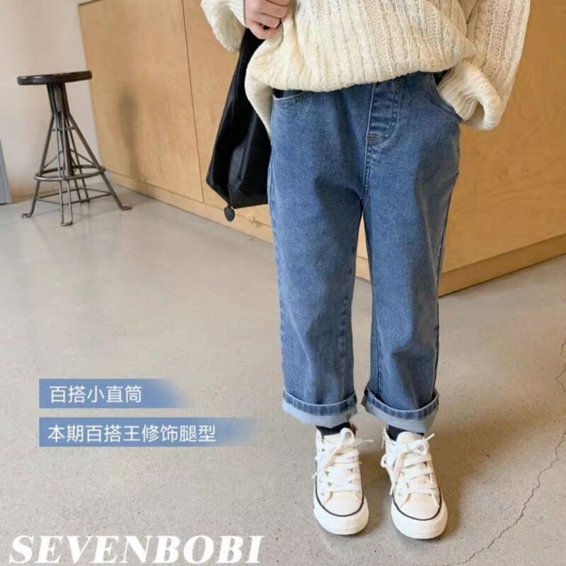 女童牛仔裤弹力软宽松直筒秋冬新款加绒女宝宝牛仔阔腿裤3岁洋气6