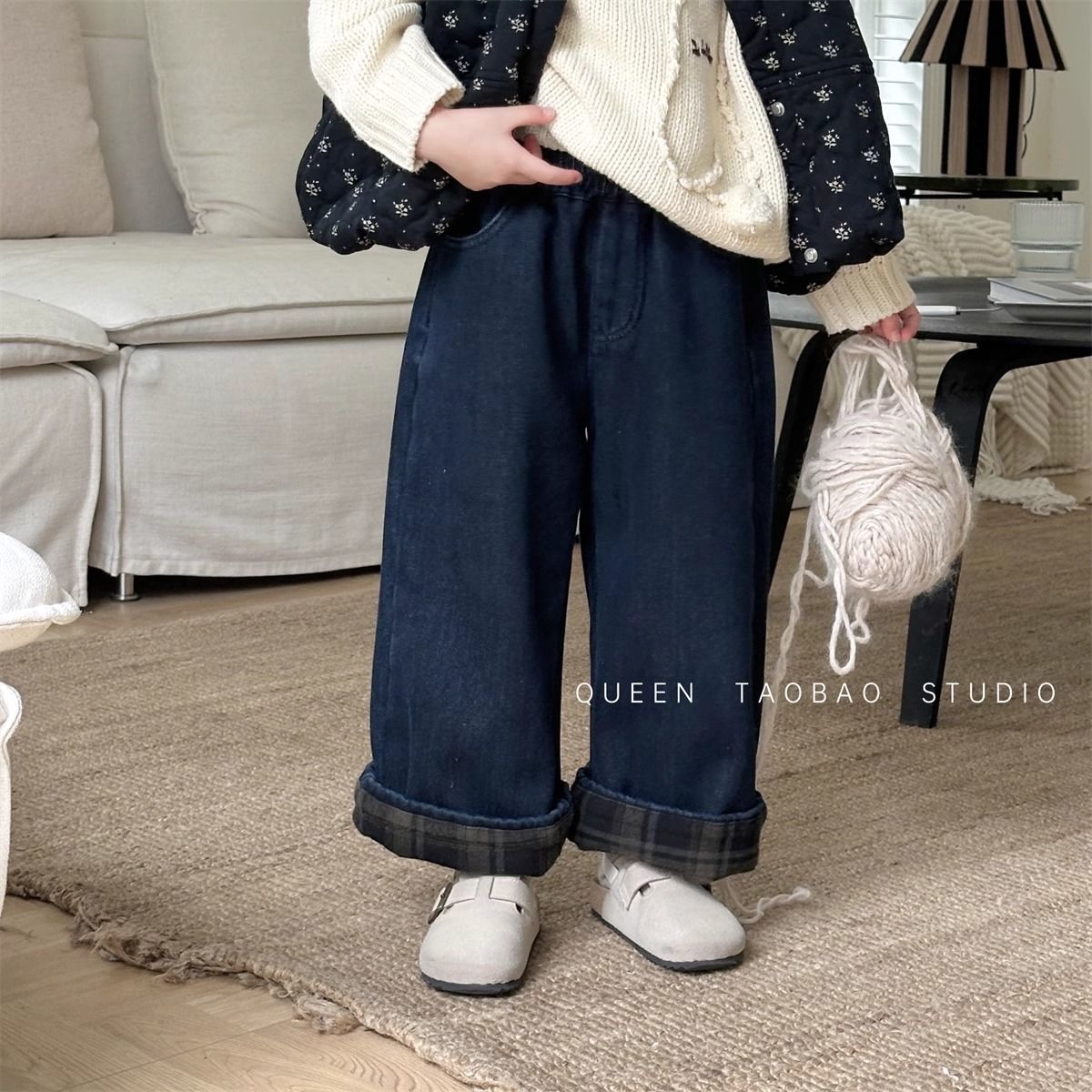 女童加绒翻边牛仔直筒裤
