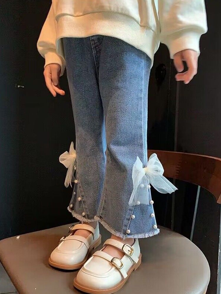 女童牛仔裤2026秋装新款儿童洋气珍珠蝴蝶结喇叭裤女宝宝外穿长裤