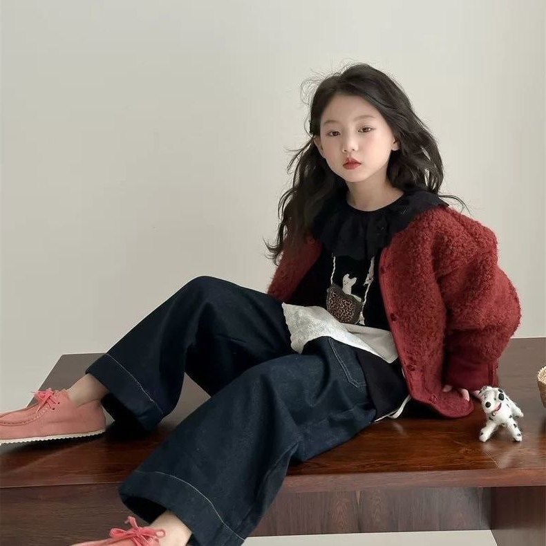 2025新款秋冬女童休闲复古净色牛仔裤中大童加绒百搭宽松阔腿裤潮,童装/婴儿装/亲子装,儿童牛仔裤,淘宝优惠券,粉丝福利购,淘宝优惠卷